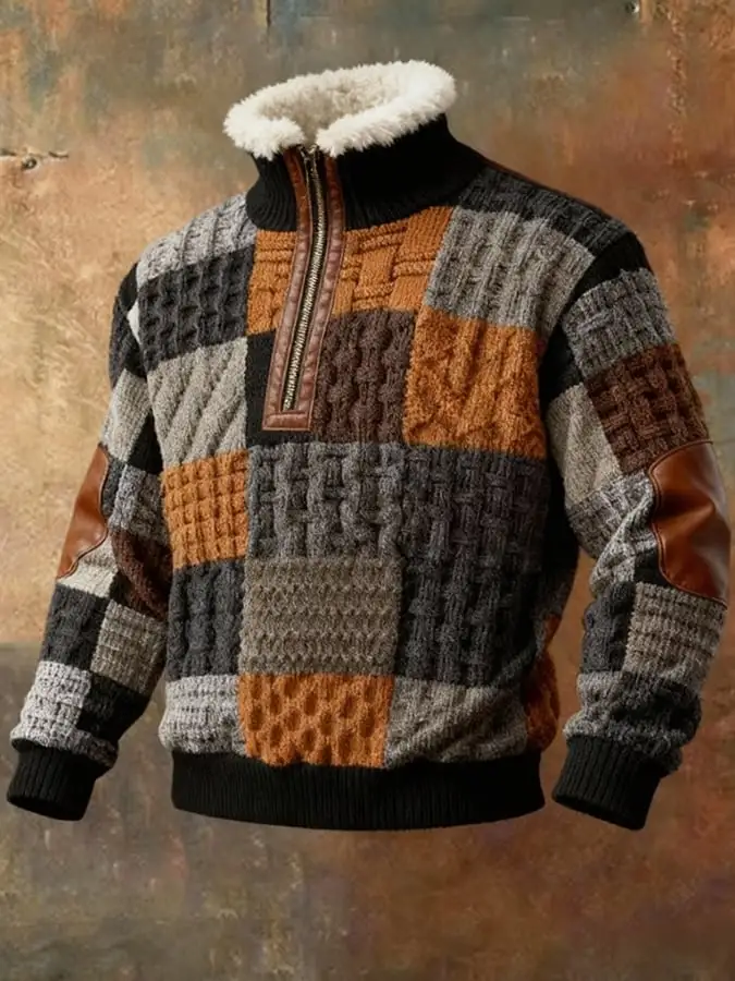 Men's Retro Western Print Zipper Sweatshirt
