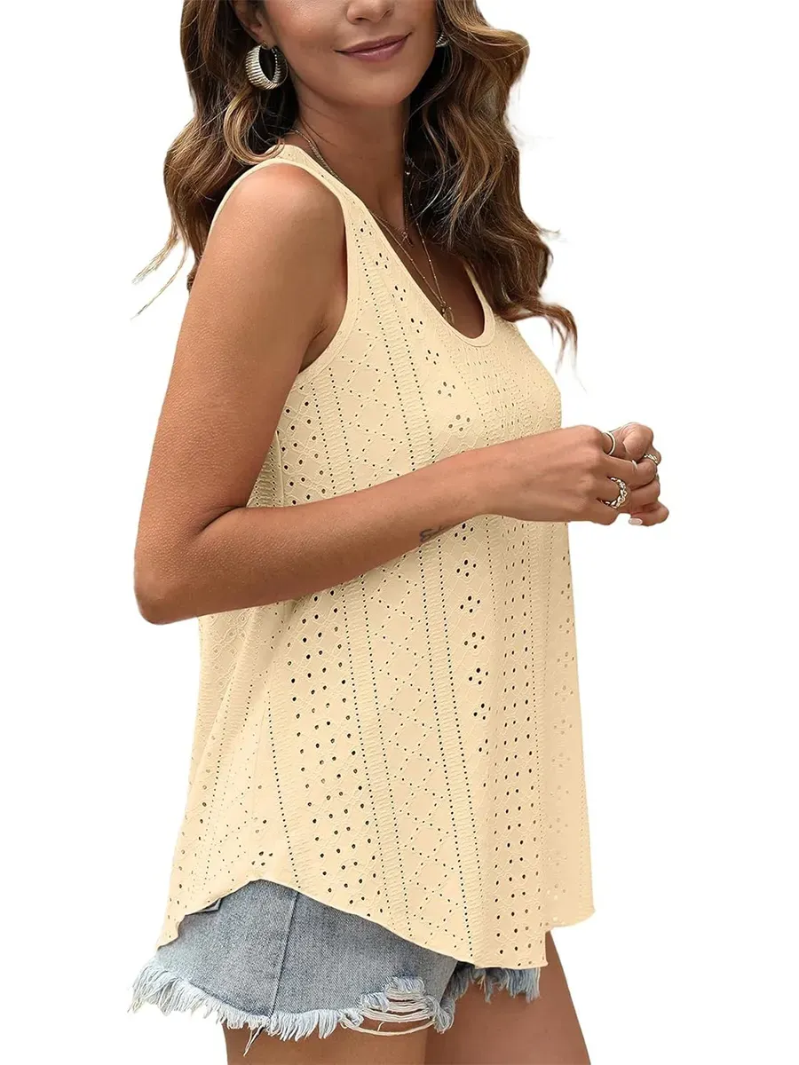 HOT SALE Women's Casual Loose Scoop Neck Wide Strap Eyelet Tank Tops