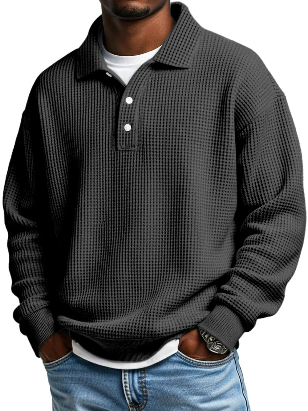 Men's Daily Loose Simple Waffle Lapel Button Long Sleeve POLO Shirt