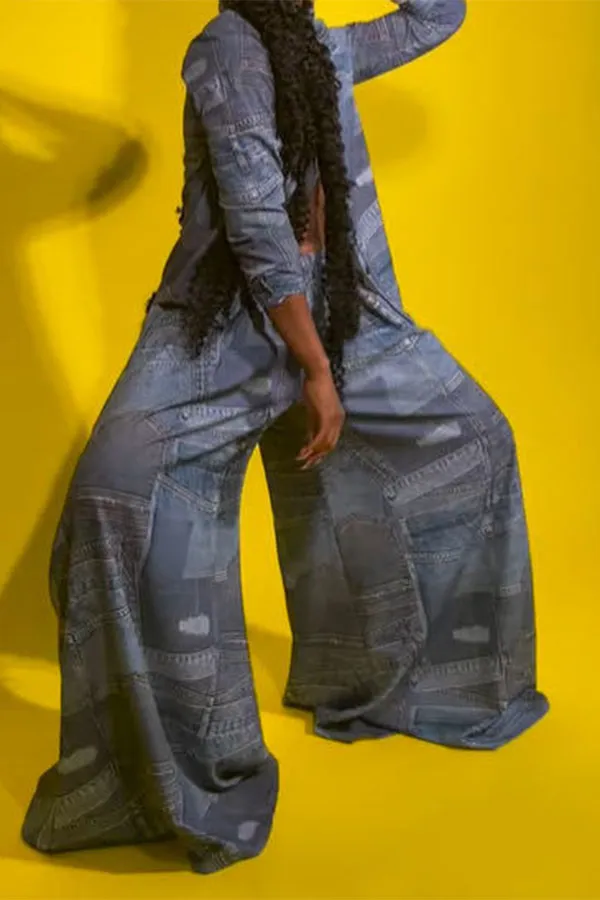 Imitation Denim Print Wide-Leg Pant Set