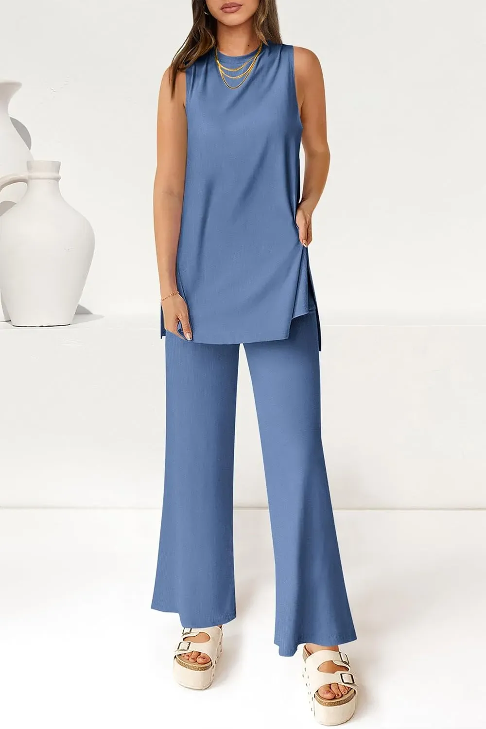 Women's Casual Loose Tank Top Wide Leg Pants 2 Piece Lounge Set