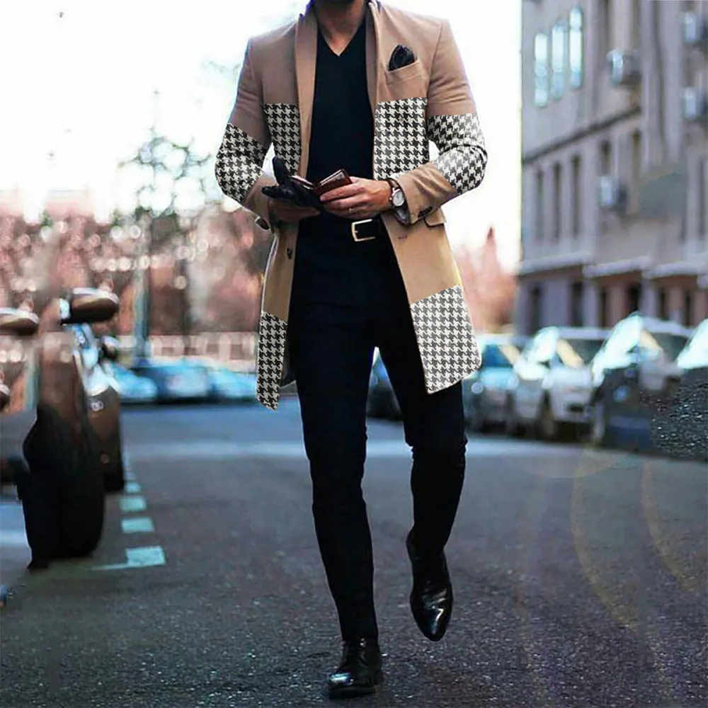 Mens Khaki Patchwork Houndstooth Coat