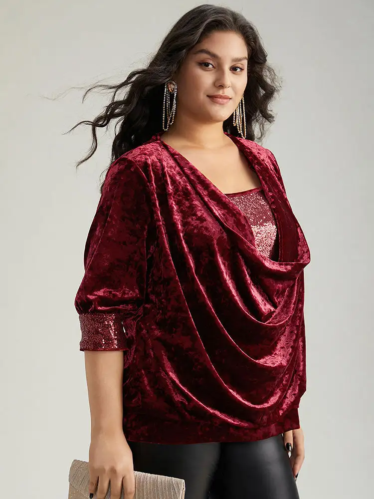 Cowl Neck 2-In-1 Sequin Patchwork Blouse
