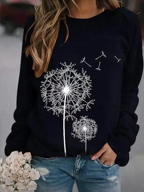 Dandelion Print Long Sleeve Tops