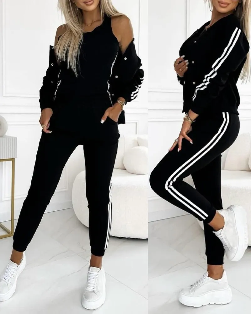 3 Piece Outfits Matching Sets Striped Tape Patch Tank Tops Button Front Jacket Cuffed Pants with Pockets Tracksuit
