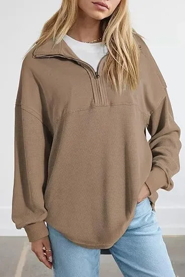 Oversized Waffle Knit Half Zip Pullover Soft Polyester Blend Long Sleeve Sweatshirt