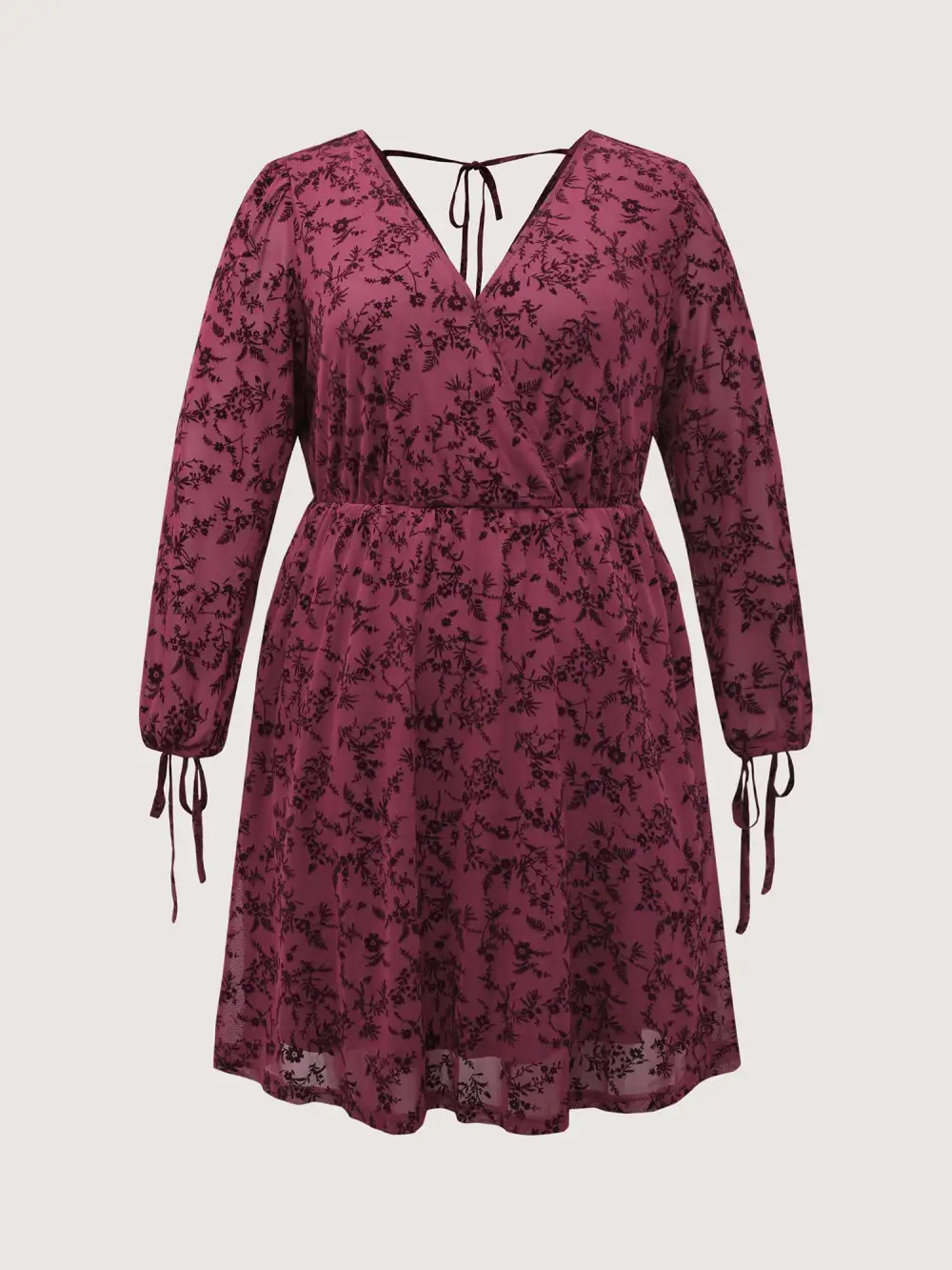 Flocked Wrap Backless Tie Pockets Mini Dress