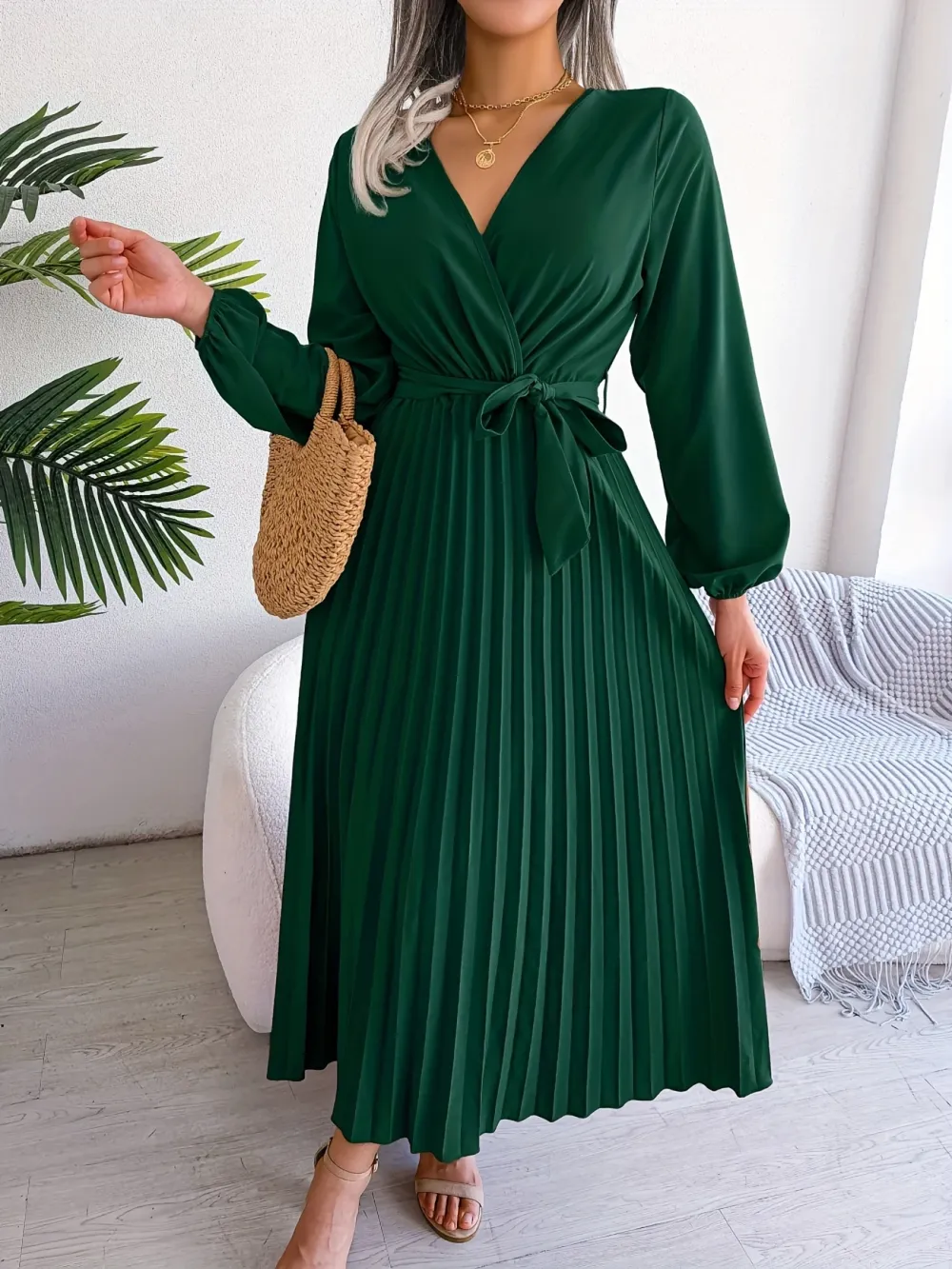 Chic Pleated Dress with Surplice Neckline