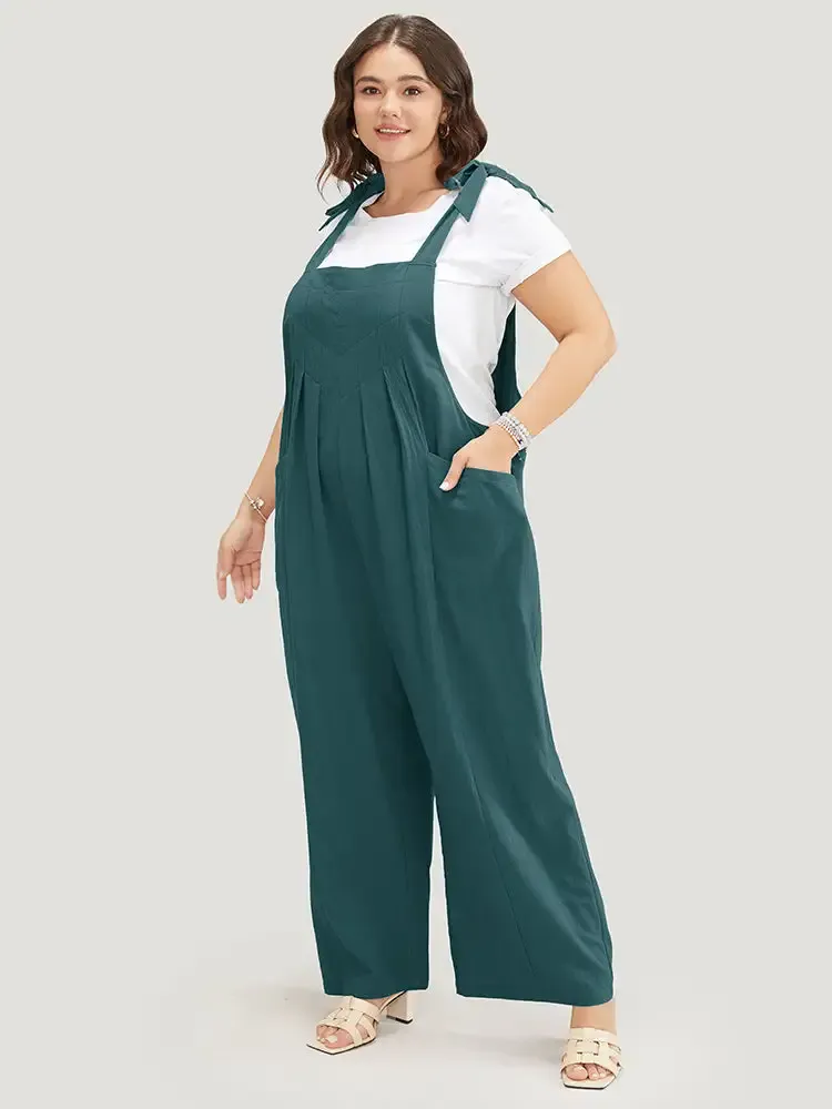 Solid Pleated Detail Pocket Knotted Shoulder Overall Jumpsuit