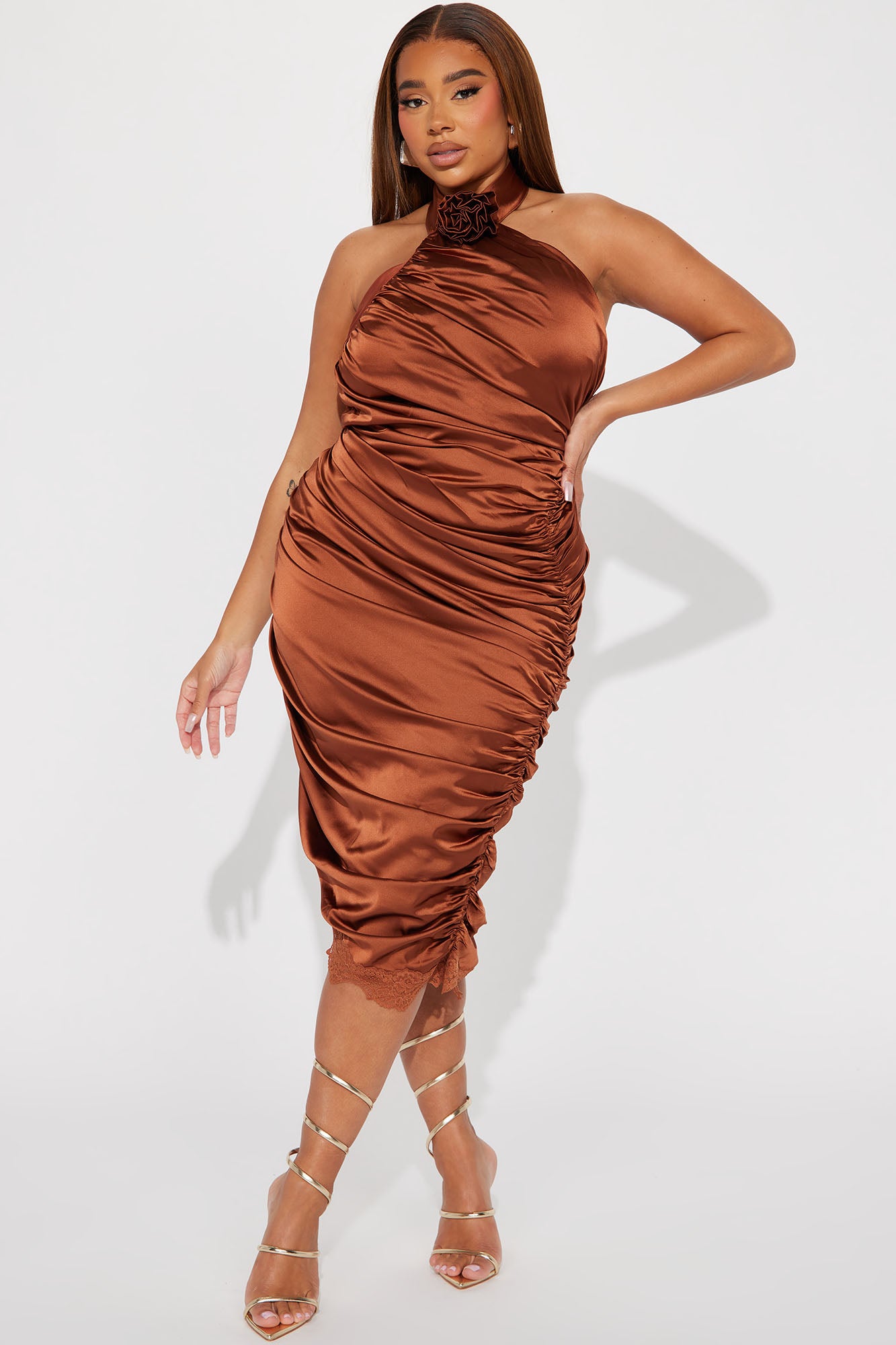 When In Rome Rosette Satin Midi Dress - Cognac