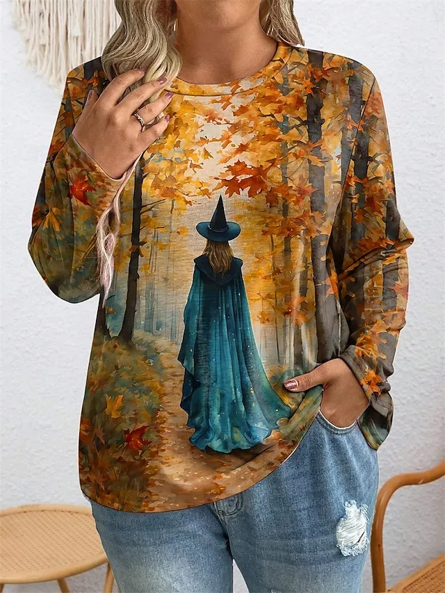 Women's Sweatshirt Halloween Witch Halloween Print Yellow Purple Green Casual Loose Fit Crew Neck Long Sleeve Inelastic Spring Fall