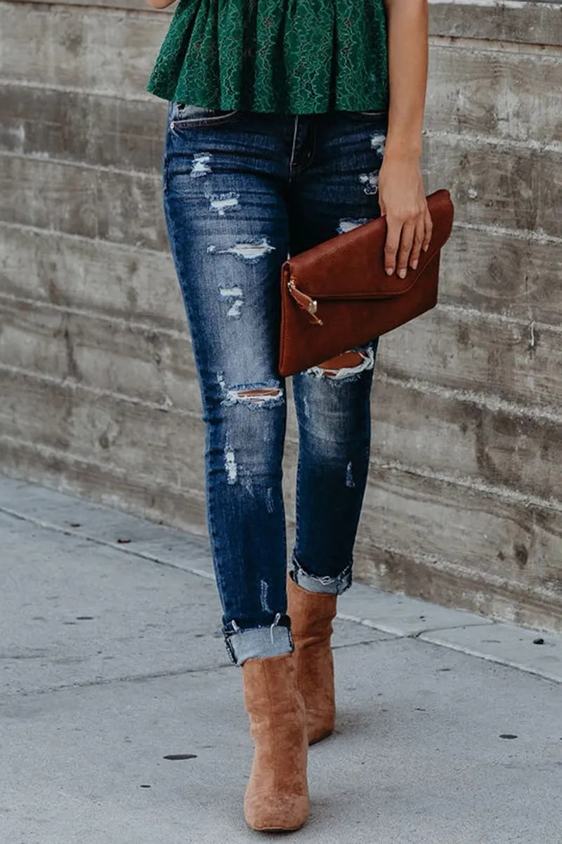 Buttoned Ripped Raw Hem Skinny Jeans
