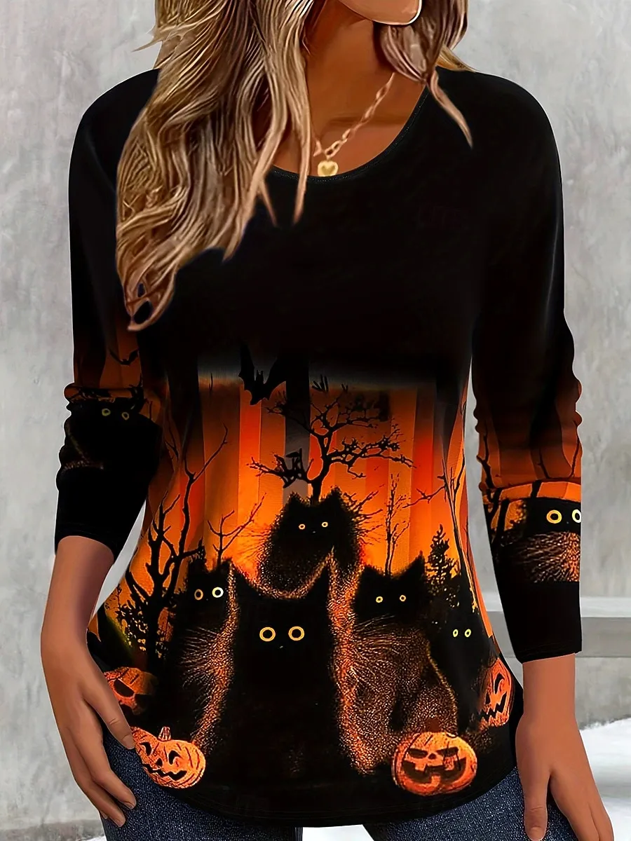 Women's T shirt Pumpkin Graphic Cat Vintage Stylish Classic Long Sleeve Crew Neck Regular Tops Daily Print Orange Spring Fall Winter