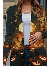 Halloween Women's Coat Lightweight Comfortable Pumpkin Print Vintage Artistic Casual Skull Casual Long Collarless Regular Fit Long Sleeve Outerwear Black White Pink Spring Fall