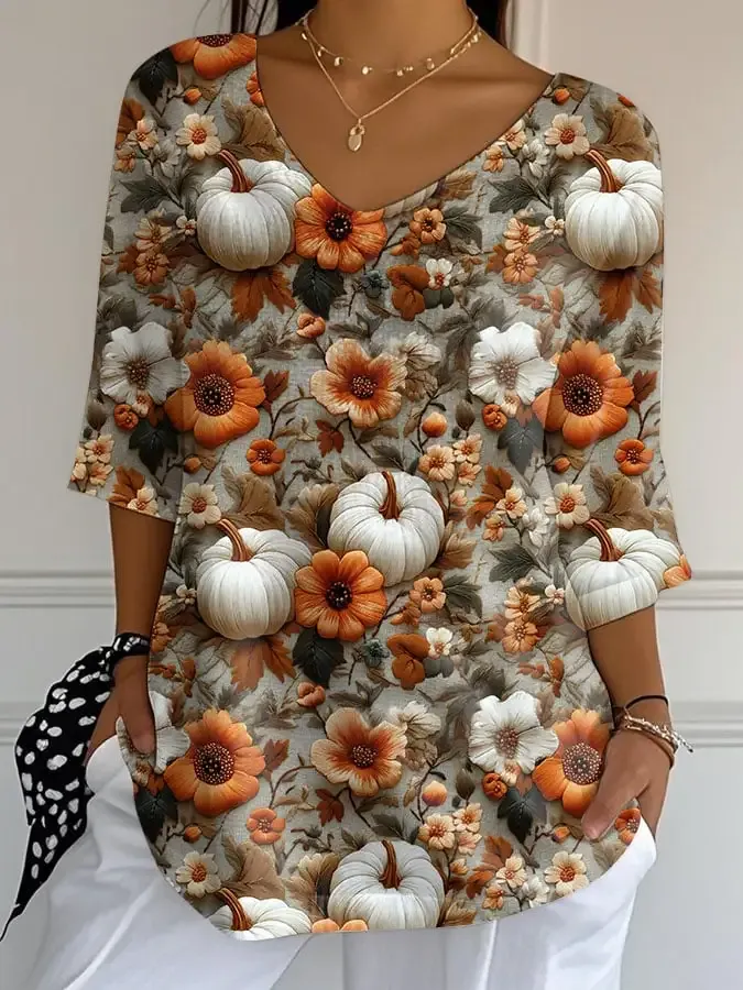Women's Pumpkin Print Casual T-shirt