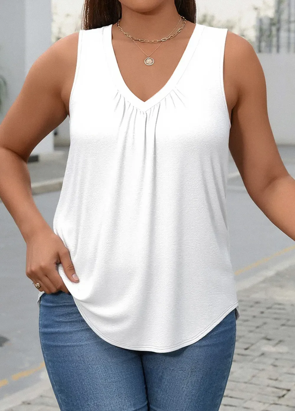 White Sleeveless V Neck Tank Top