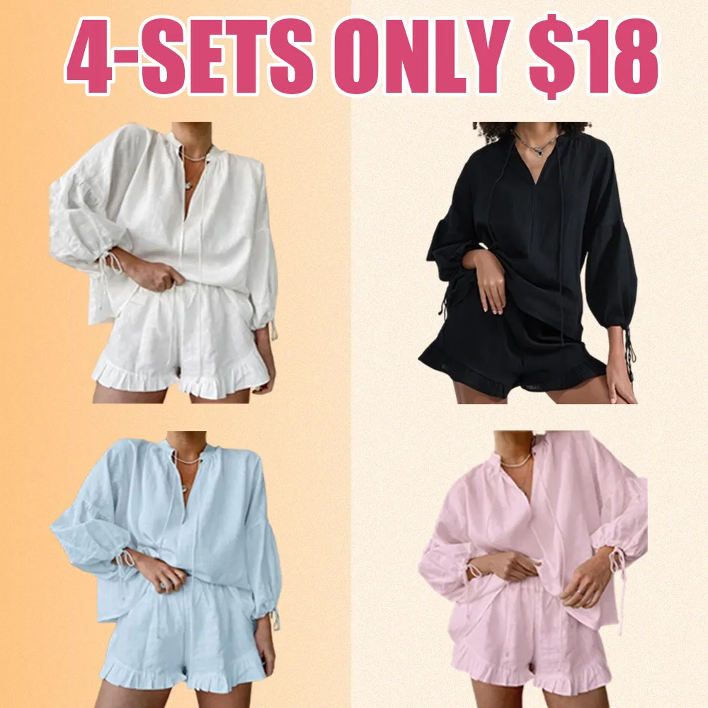 Women's Solid Color V-Neck Tie Top & Elastic Waist Shorts 2-Piece Summer Set