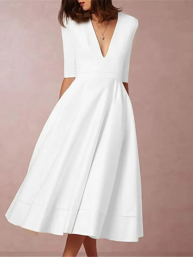 Women‘s Semi Formal Party Dress Swing Dress Midi Dress Green White Half Sleeve Pure Color Ruched Fall Spring Deep V Hot Elegant Slim 2023 S M L XL XXL 3XL / Wedding Guest / White Dress