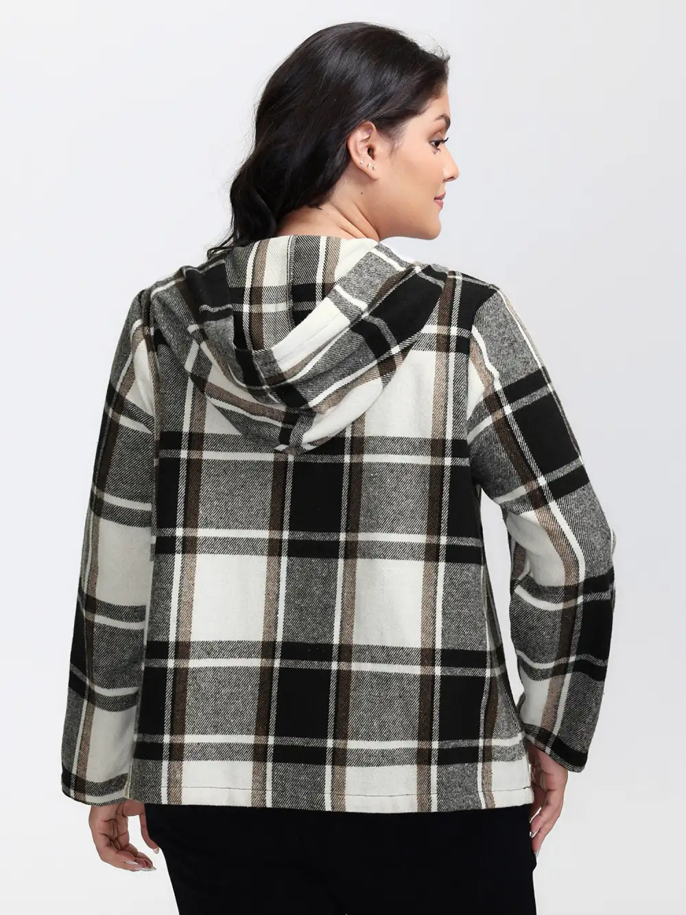 Checkered Half-Open Placket Pockets Hoodie