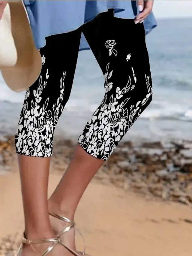 Women's Pants Trousers Leggings Capri shorts Green Purple Red Mid Waist Fashion Leisure Sports Weekend Print Stretchy Calf-Length Comfort Flower / Floral S M L XL XXL / Slim
