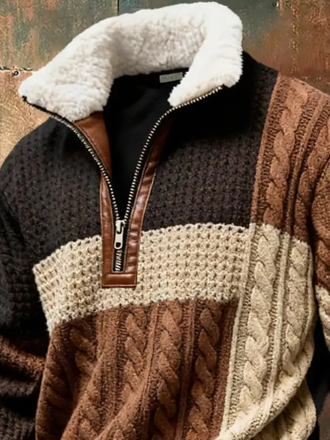 Men's Retro Color Block Print Casual Fur Collar Long Sleeve Sweatshirt