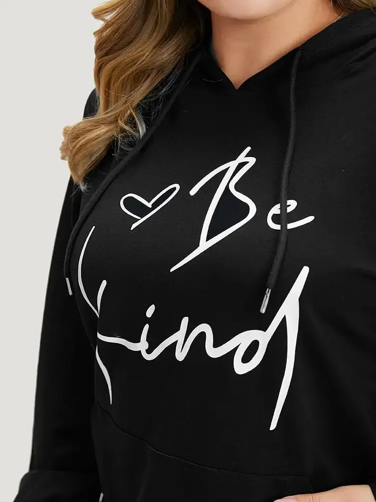 Letter Print Pocket Drawstring Hooded Sweatshirt