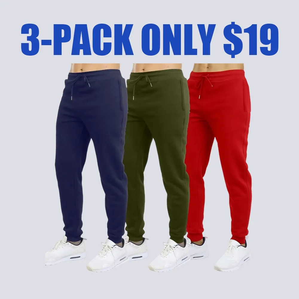 Men's 3 Pack Fleece Active Athletic Jogger Sweatpants with Drawstring Sizes XS-5XL