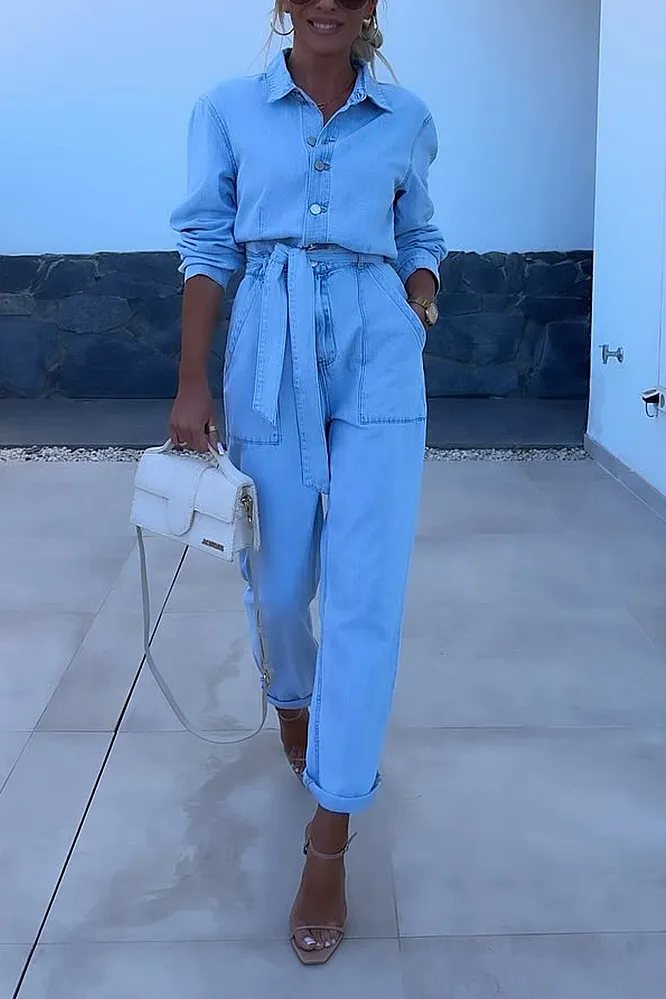 Women's solid color denim V-neck top and pants two-piece set