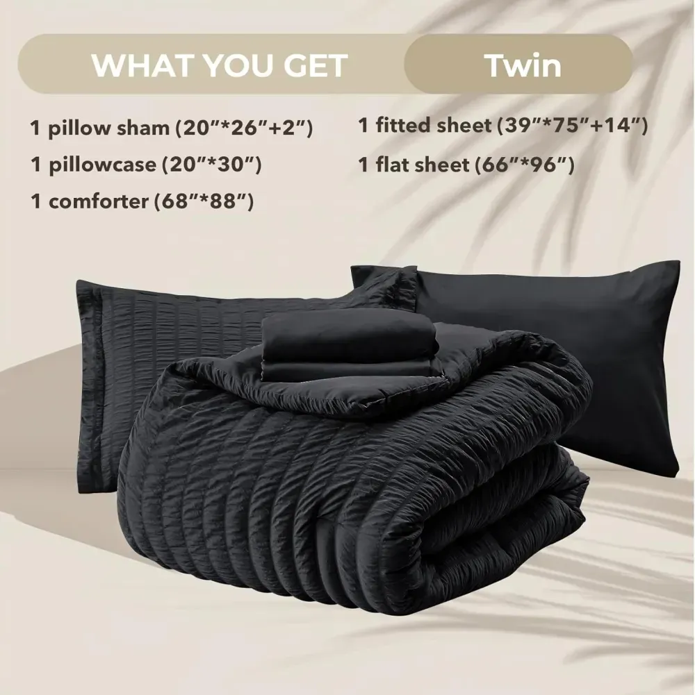 Queen Comforter Set Seersucker 7 Pieces, All Season Luxury Bed in a Bag for Bedroom, Bedding Set with Comforters, Sheets, Pillowcases & Shams, Dark Grey