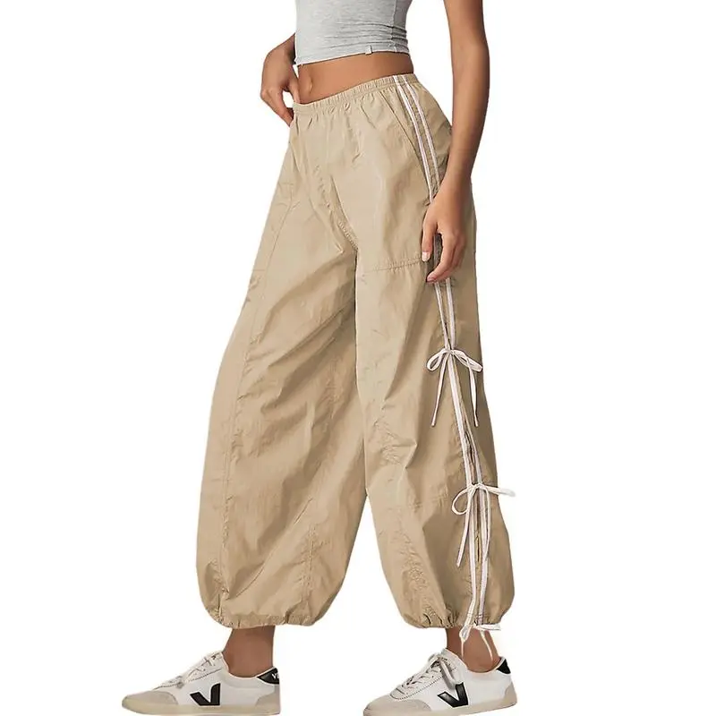 Women's Parachute Cargo Pants – High Waist, Elastic Drawstring Hiking Trousers with Pockets