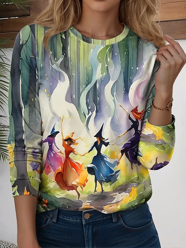 Women's T shirt Tee Halloween Daily Casual Long Sleeve Green Spring Fall