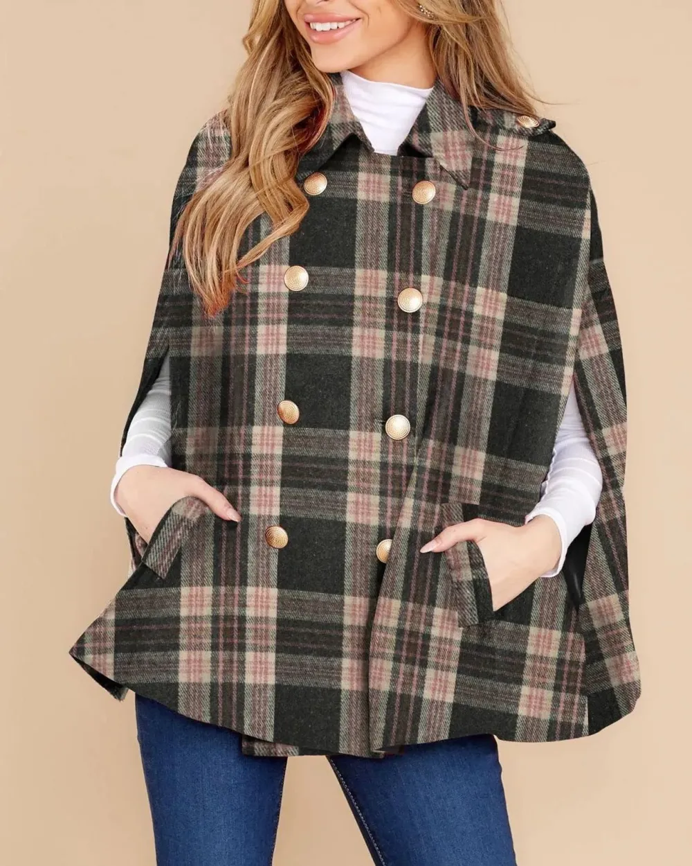 Women's Plaid Double Breasted Winter Cape Turn Down Poncho Coats(Buy 2 Free Shipping)