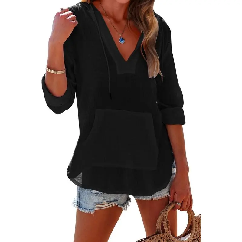 Women's Beach Cover Up Hoodie – Long Sleeve V-Neck Top with Pocket