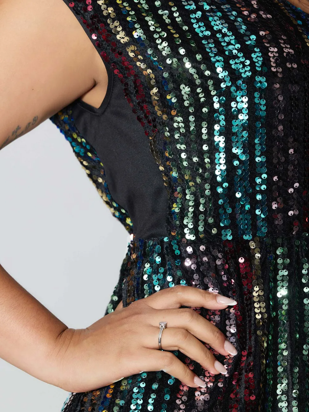 Shimmery Sequin Stripe Cinched-Waist Midi Dress