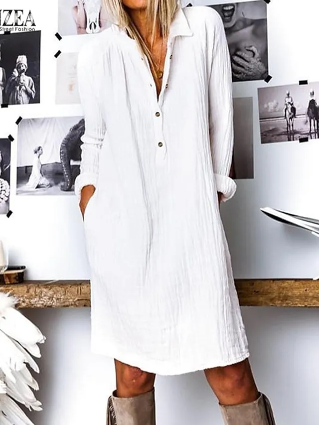 Women‘s Casual Dress Shirt Dress Shift Dress Midi Dress Yellow Navy Blue White Long Sleeve Pure Color Button Winter Fall Spring Shirt Collar Basic Winter Dress Daily Vacation 2023 S M L XL XXL 3XL