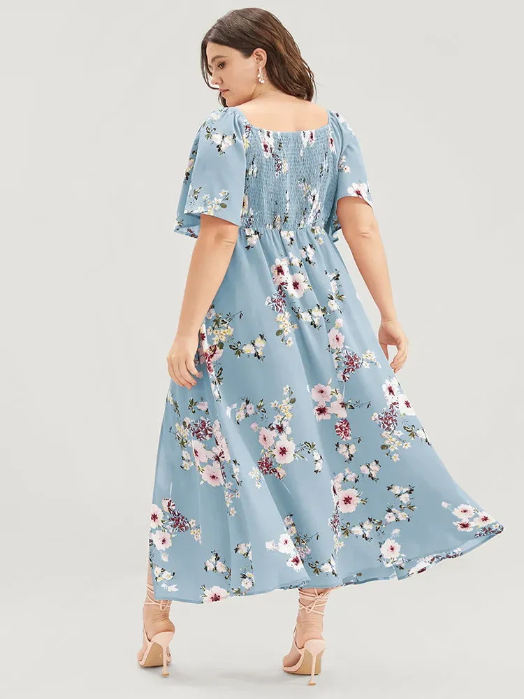 Floral Square Neck Ruffles Pocket Shirred Split Dress