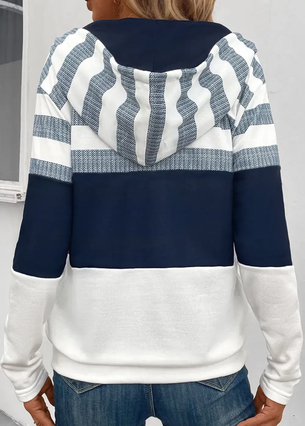 Navy Pocket Striped Long Sleeve Hooded Coat