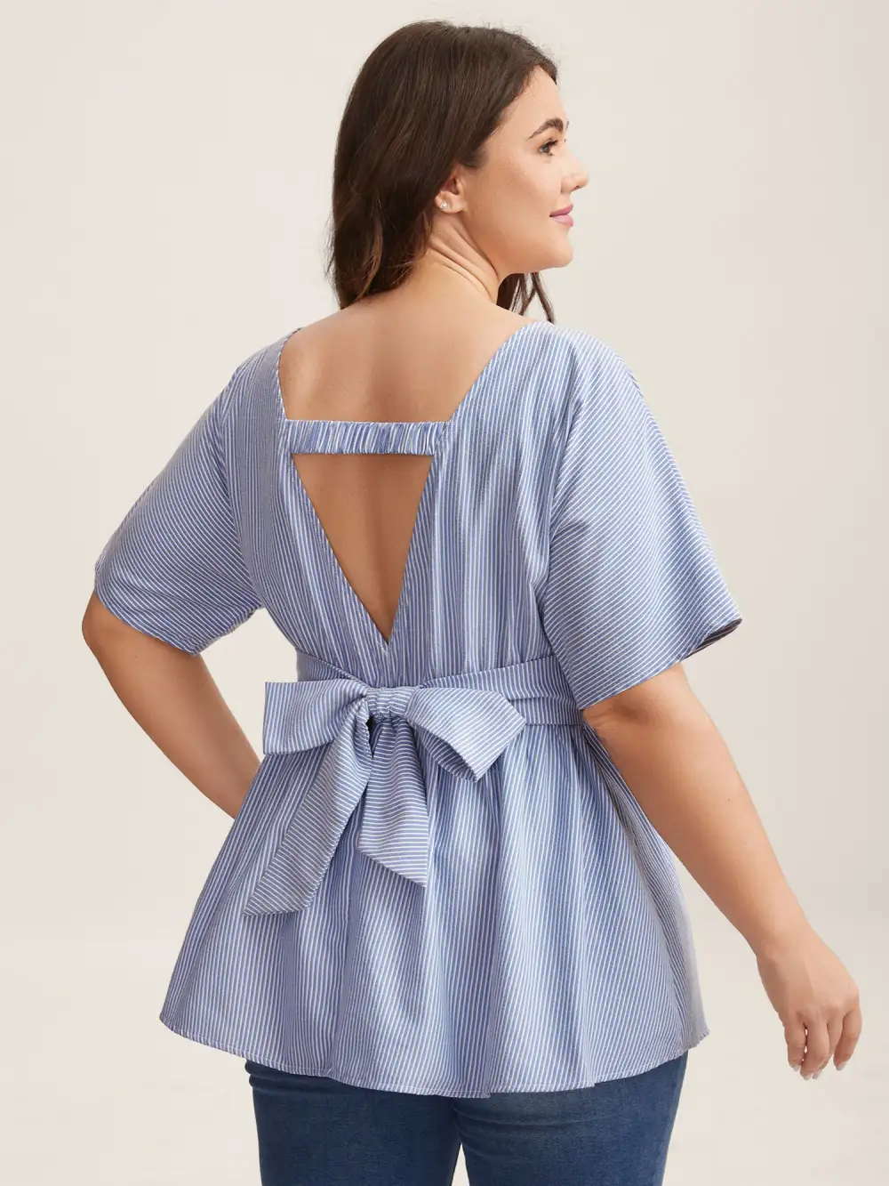 Backless Bow Tie Stripe Print Cinched Blouse