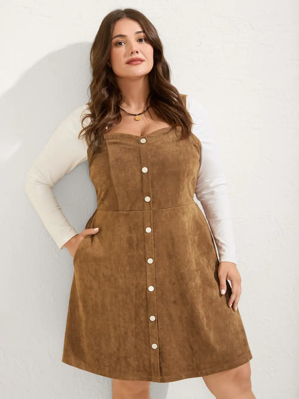 Suede Button Placket Sweetheart Midi Dress