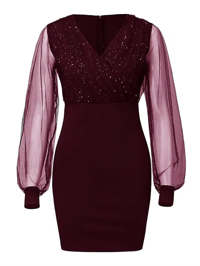Women‘s Black Dress Wedding Guest Cocktail Dress Sexy V Neck Bodycon Patchwork Long Mesh Sleeve  Spring Summer