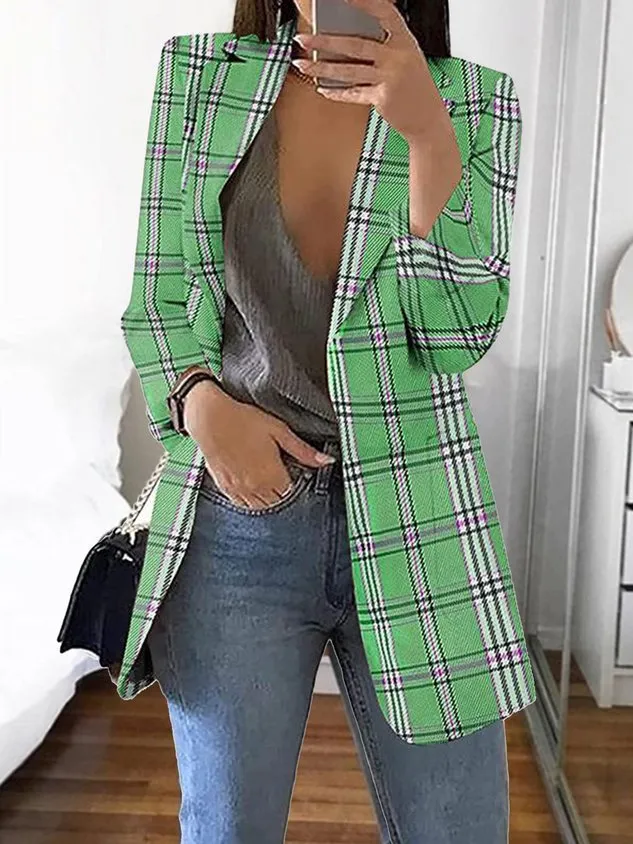 Shawl Collar Casual Plaid Polyester Cotton Blazer