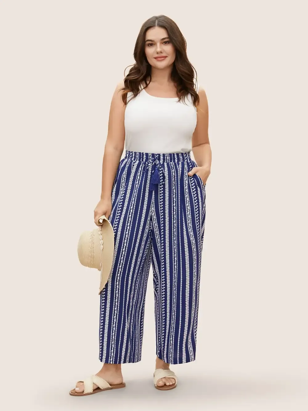 Bandana Striped Tassel Drawstring Wide Leg Pants
