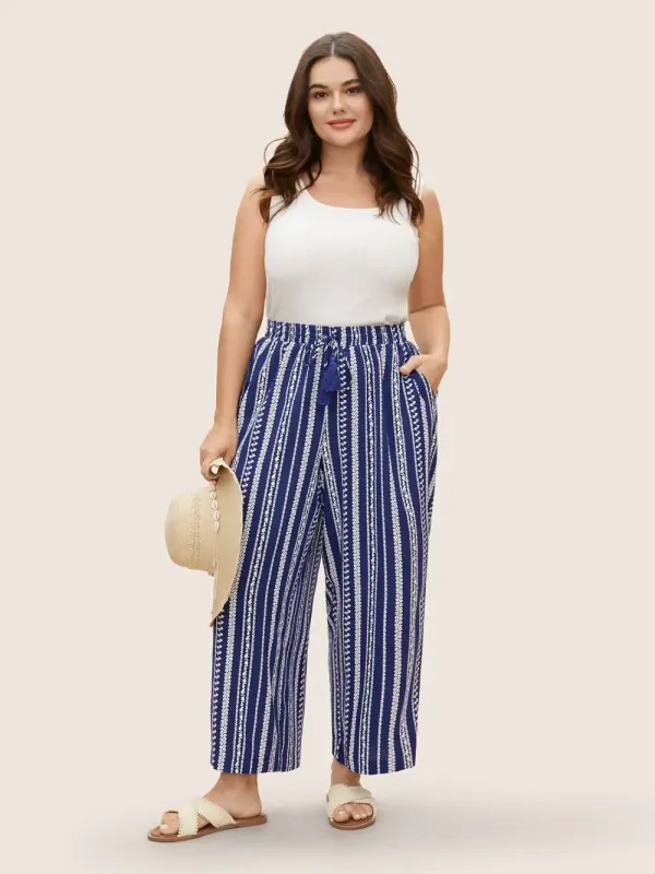 Bandana Striped Tassel Drawstring Wide Leg Pants
