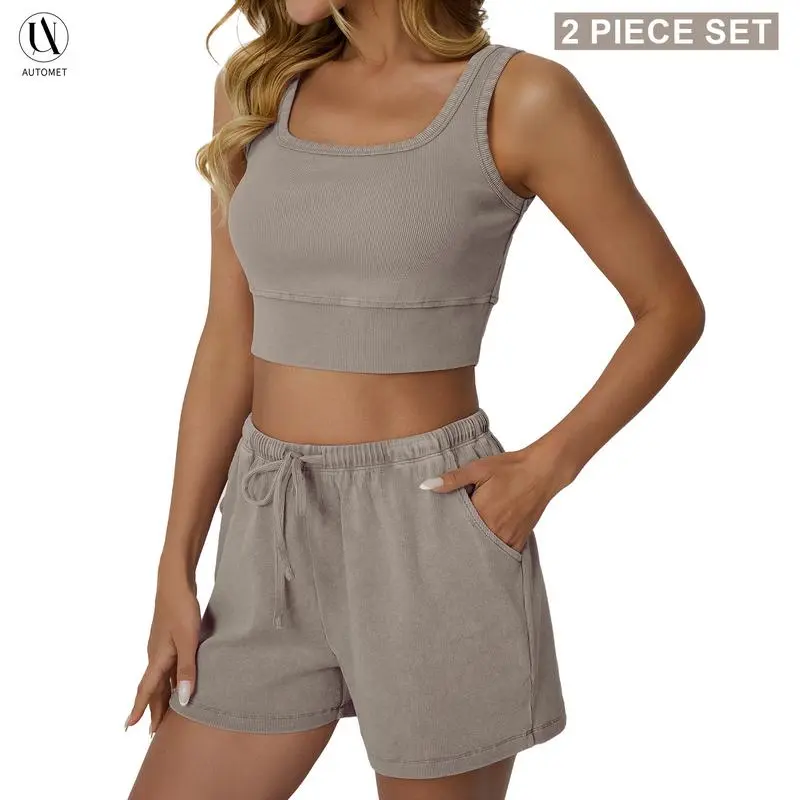 Women's Acid Wash Lounge Set – Tank Top & Shorts, Y2K Style, Easy Care No Detergent Needed