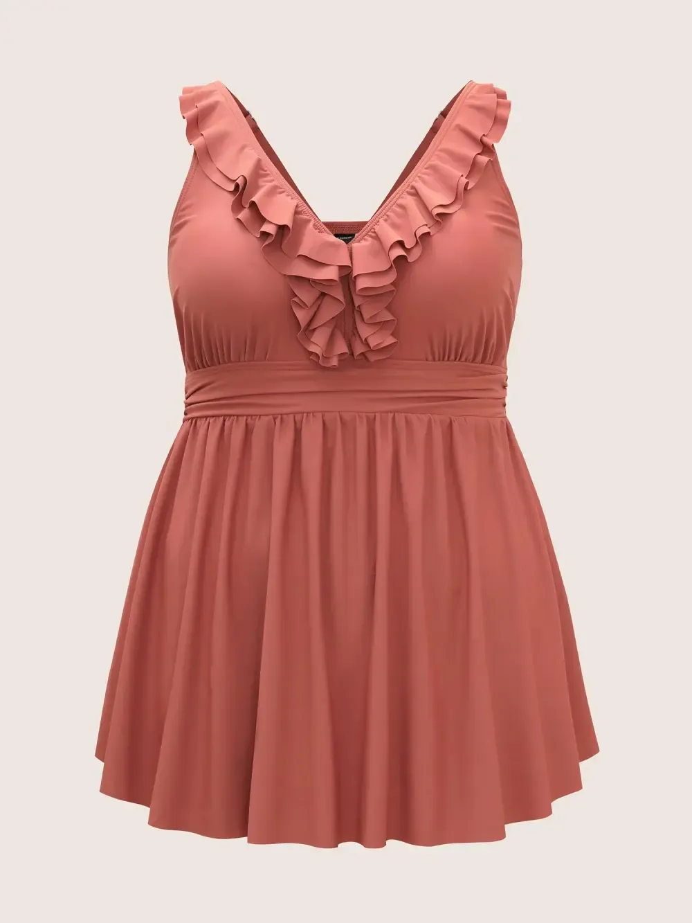 Ruffle Trim Adjustable Straps Gathered Sculpt Waist Swim Dress