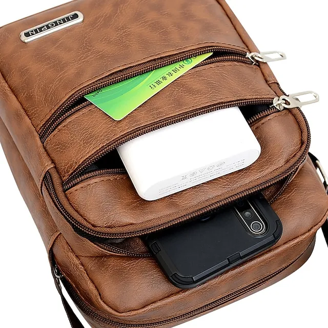Men's Crossbody Bag Shoulder Bag Messenger Bag PU Leather Outdoor Daily Zipper Large Capacity Waterproof Lightweight Solid Color Black Brown Coffee