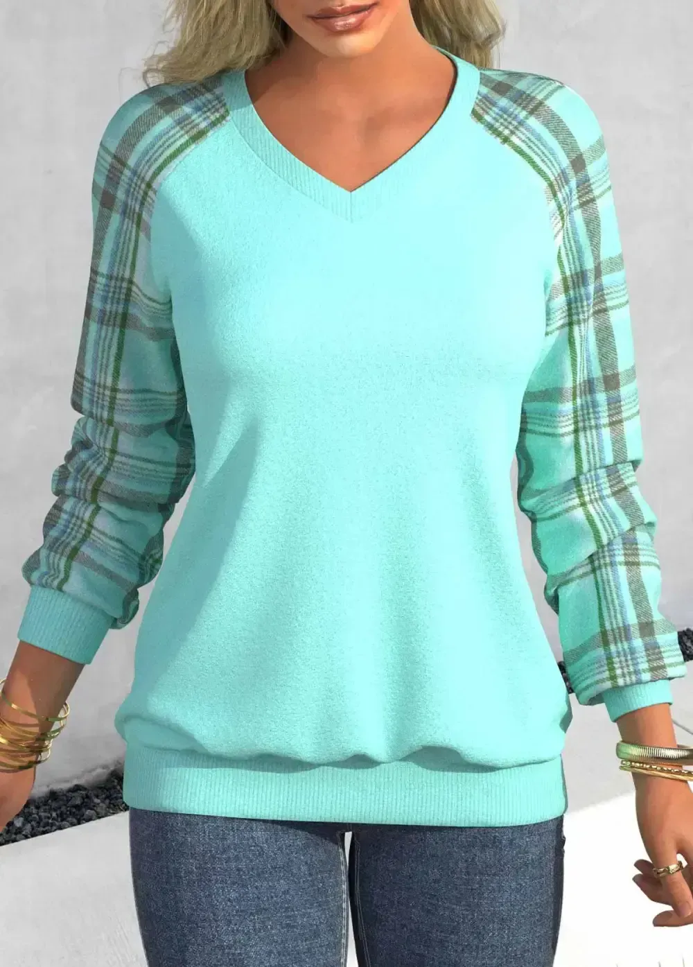 Cyan Patchwork Plaid Long Sleeve V Neck Sweatshirt