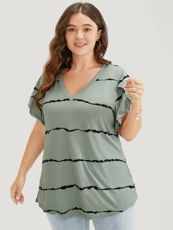 Striped Contrast Petal Sleeve T-shirt