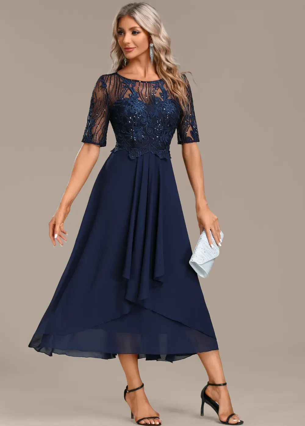 Navy Lace Short Sleeve Round Neck Dress