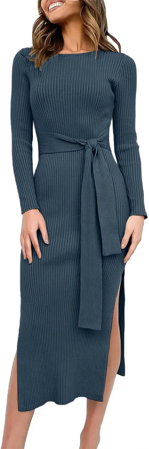 Long Sleeve Sweater Dress Crew Neck Slim Fit Slit Tie Waist 2024 Ribbed Knit Bodycon Midi Dress Fall Outfits